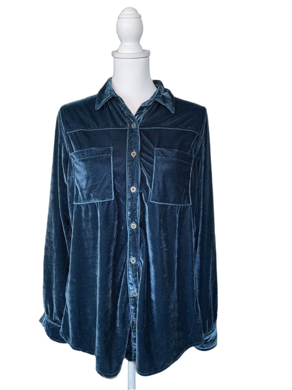 Umgee Teal Blue Plush Velvet Button Front Shirt